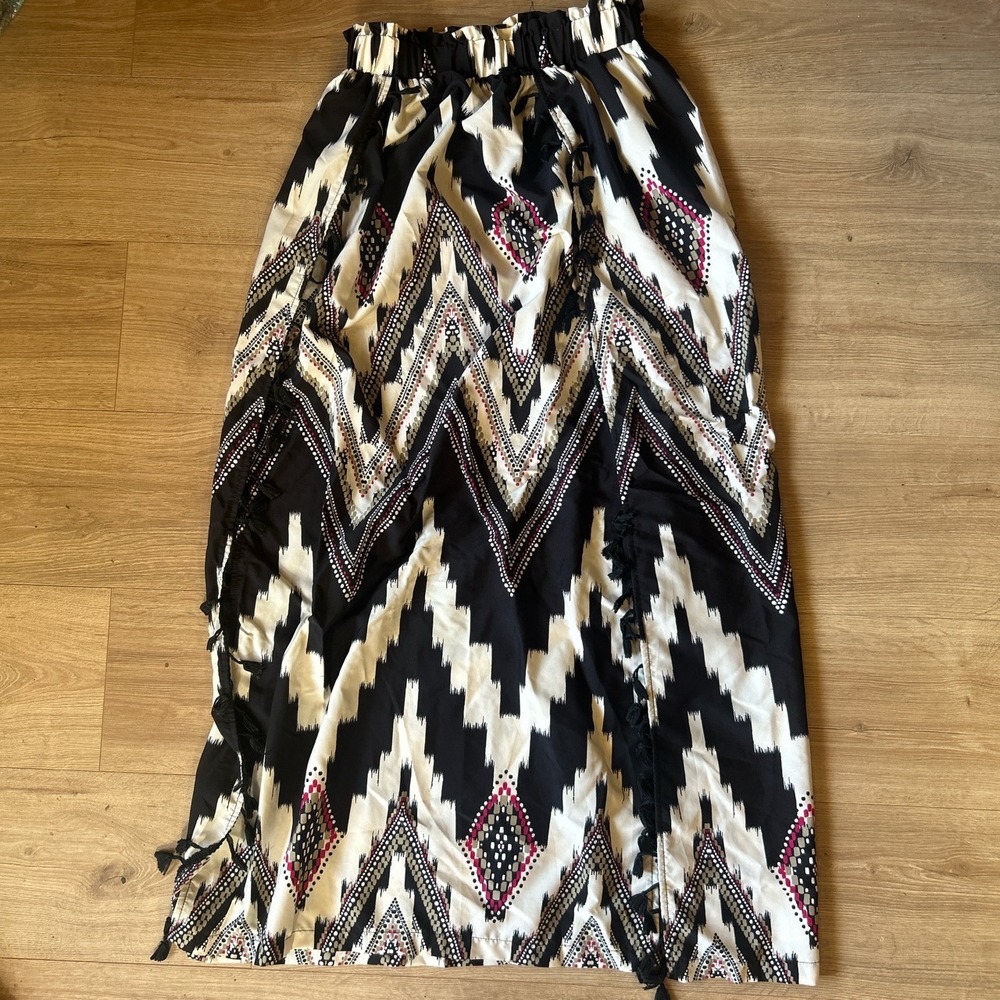 Unbranded Boho Geometric Ikat Print Tassel Trim Maxi Skirt